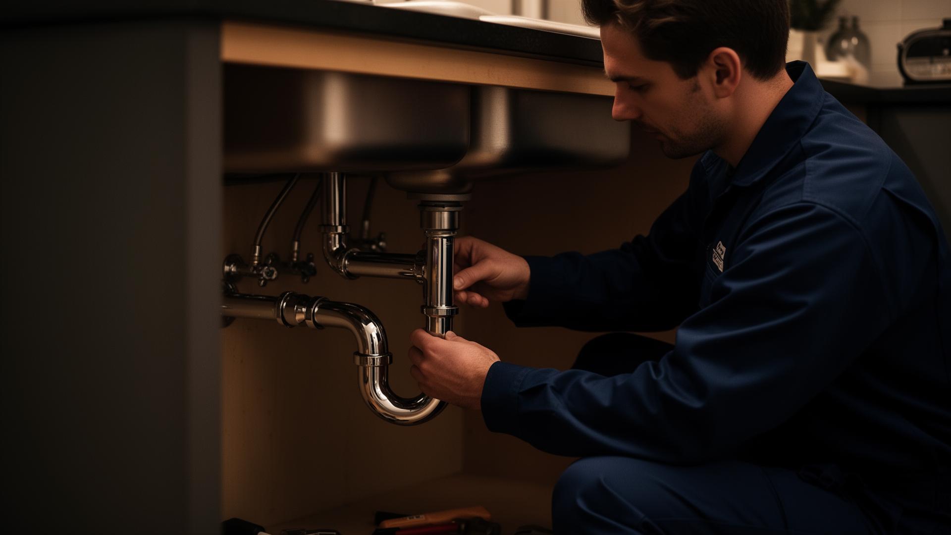 Licensed AnPlumbing technician repairing a kitchen sink